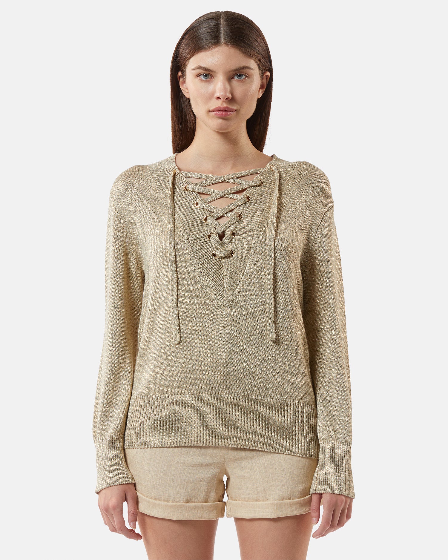 Lurex shirt sweater with intertwined V neckline