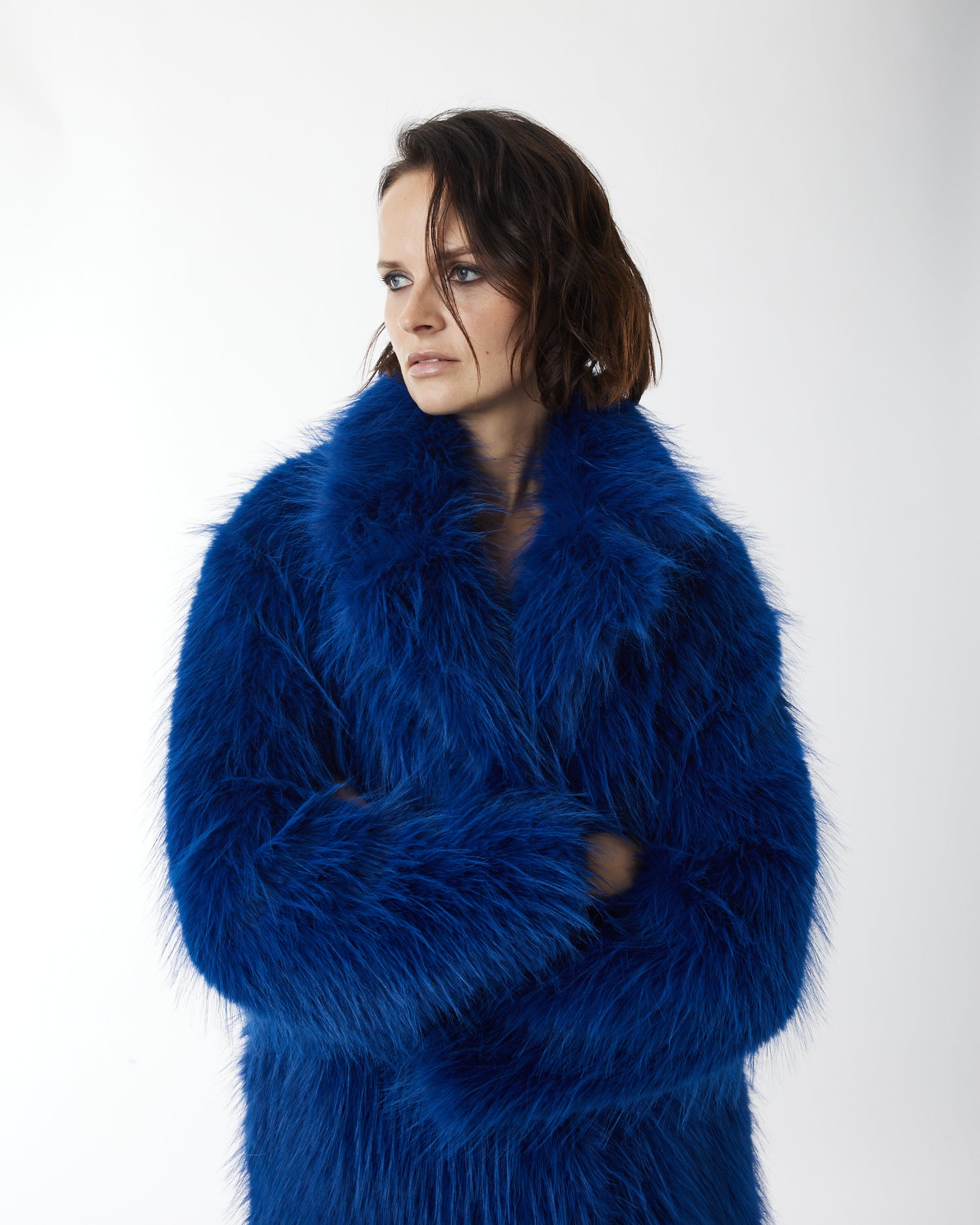 Electric blue faux outlet fur coat